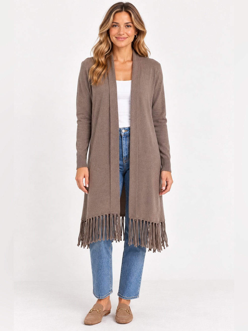 lovestitch Taupe Fringed Open Cardigan